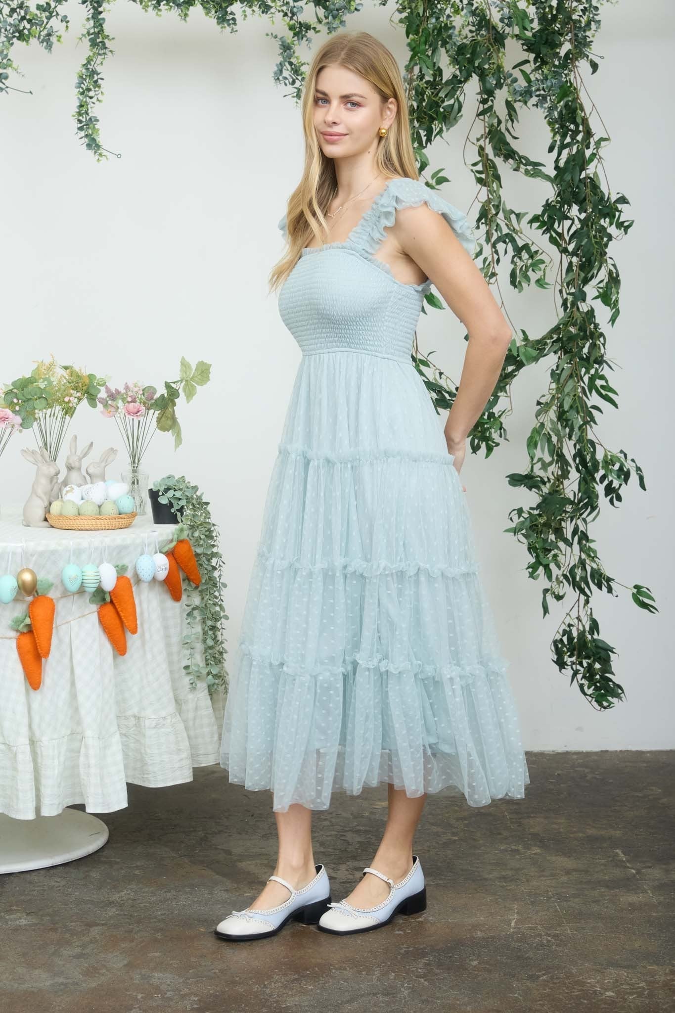 Sage Smocked Polka Dot Tulle Midi Dress