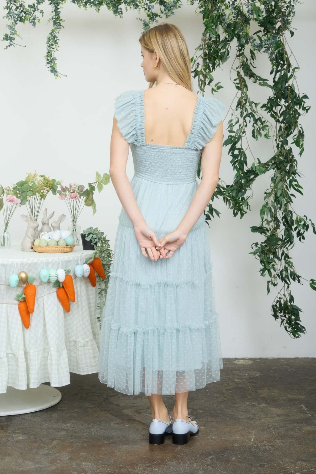Sage Smocked Polka Dot Tulle Midi Dress