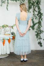 Sage Smocked Polka Dot Tulle Midi Dress