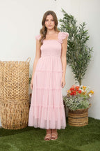 Light Pink Smocked Polka Dot Tulle Midi Dress