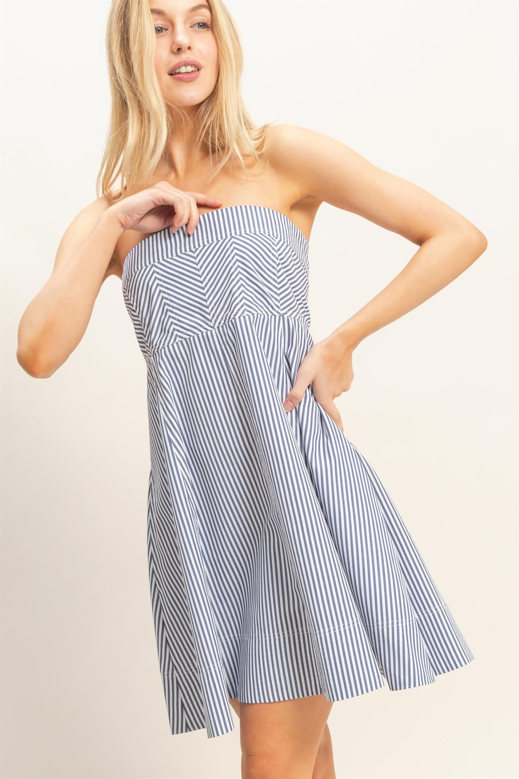 Navy Striped Strapless A-Line Dress