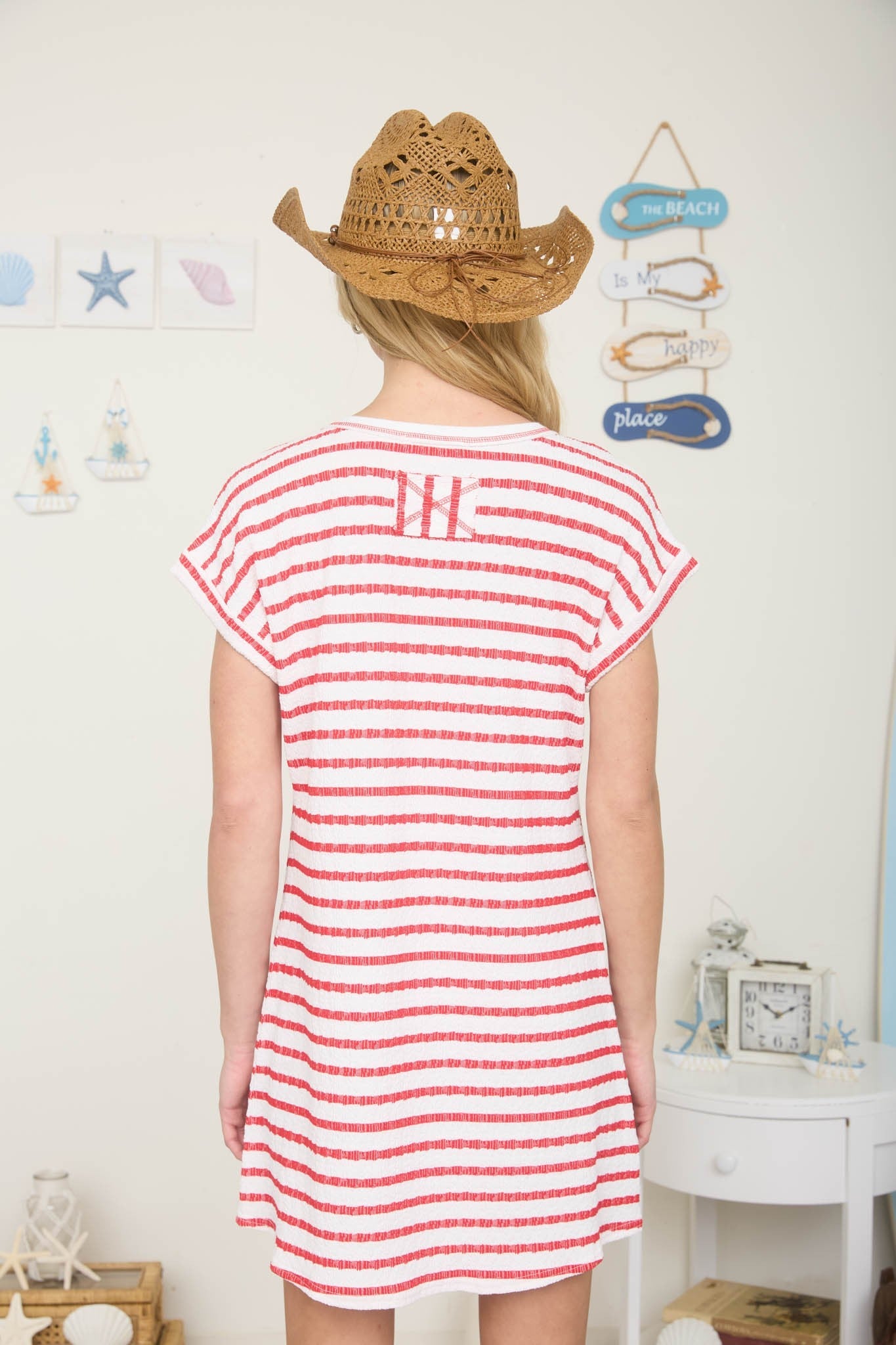 Red Textured Stripe Knit T-Shirt Dress