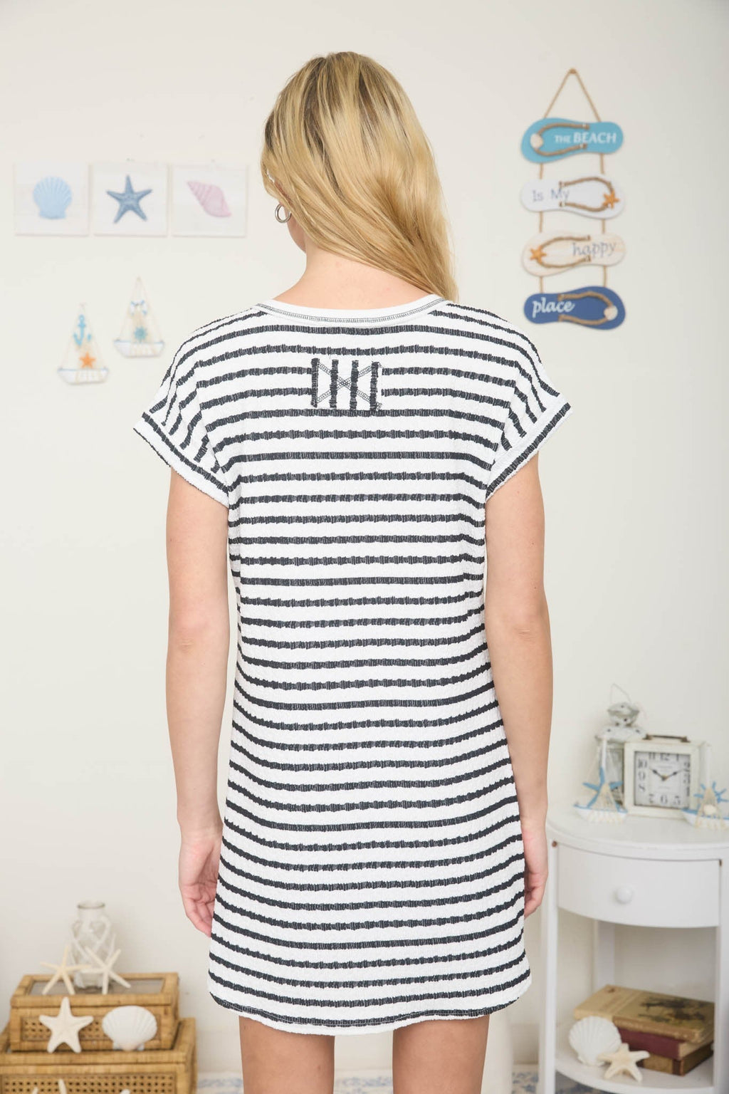 Black Textured Stripe Knit T-Shirt Dress