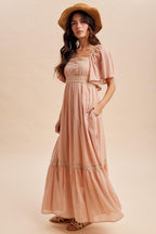 Dusty Pink Lace Accent Flutter Sleeve Maxi Dress