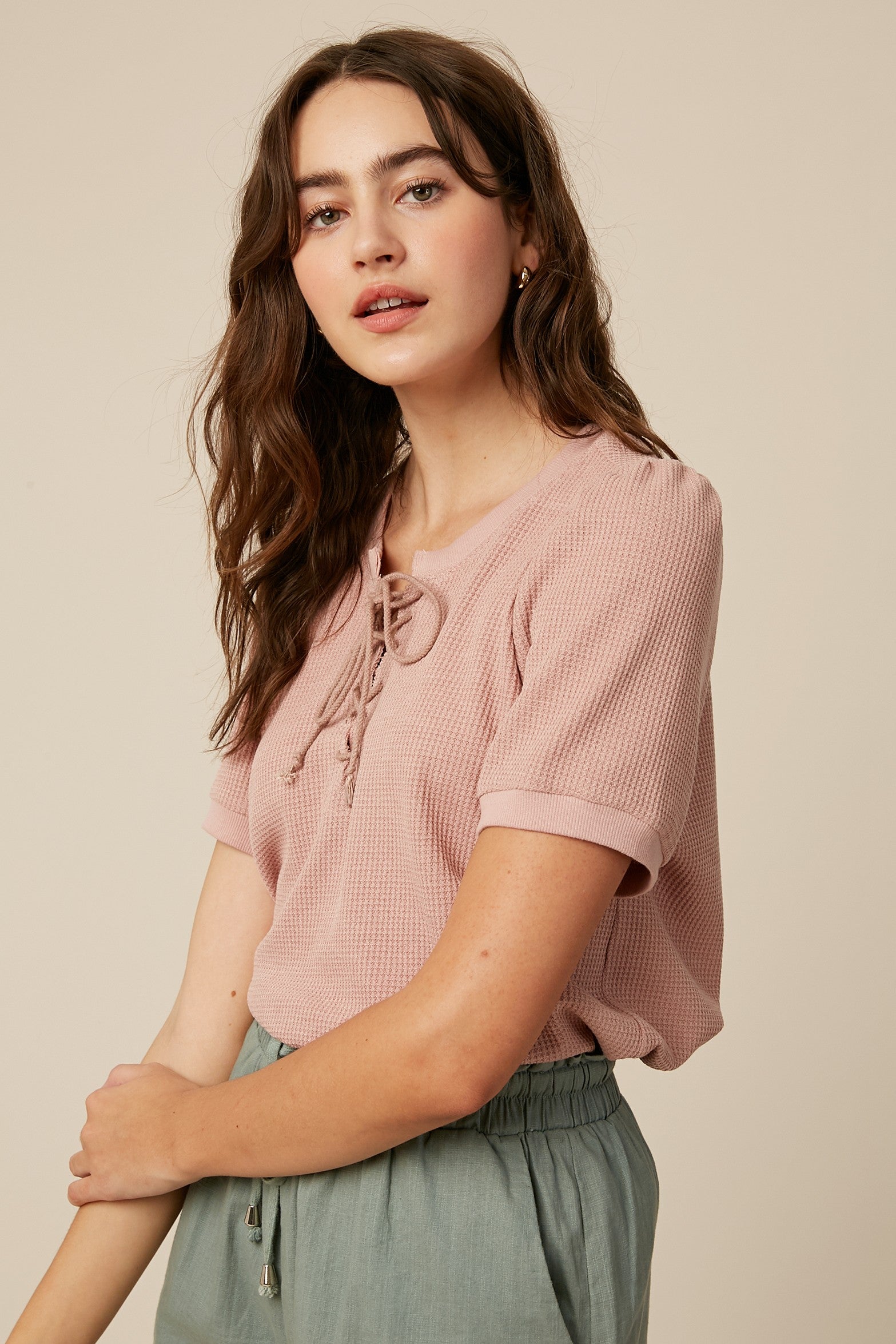 Blush Waffle Knit Lace-Up Top