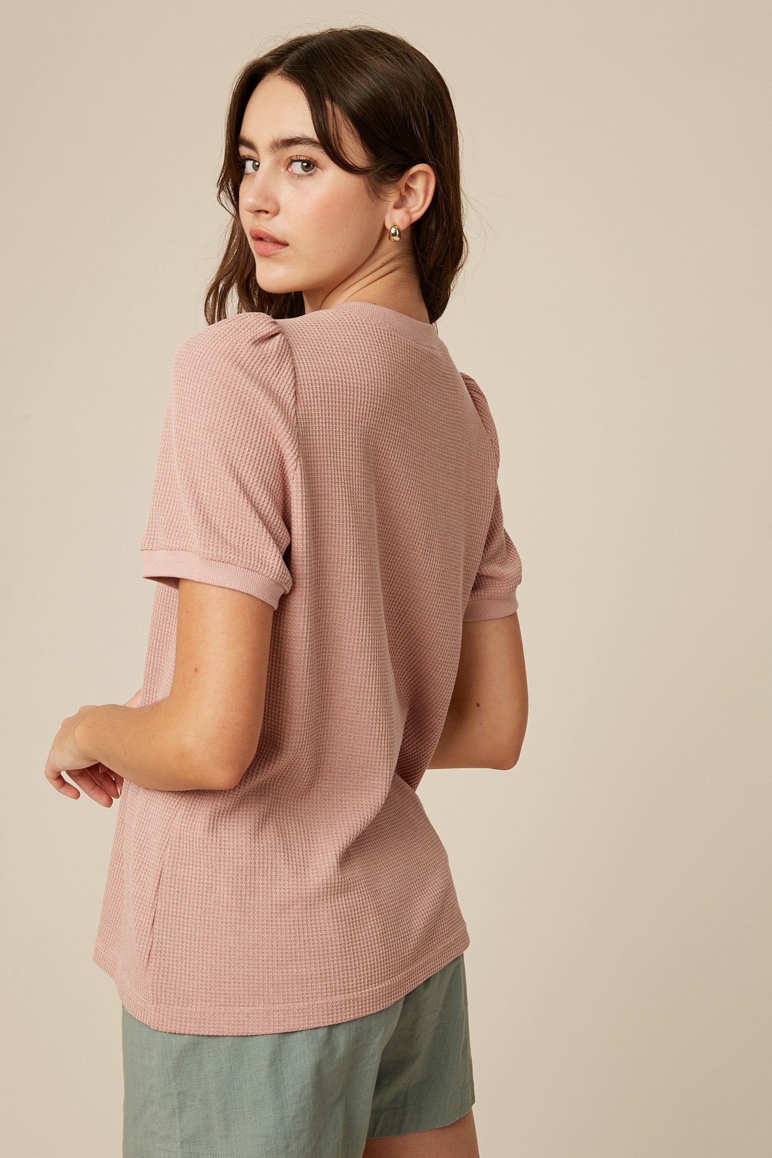 Blush Waffle Knit Lace-Up Top