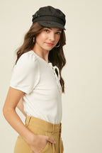 Ivory Waffle Knit Lace-Up Top