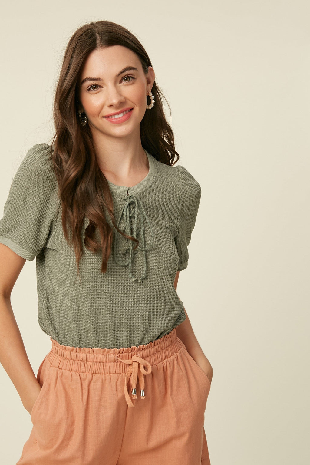 Olive Waffle Knit Lace-Up Top