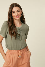 Olive Waffle Knit Lace-Up Top