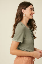 Olive Waffle Knit Lace-Up Top