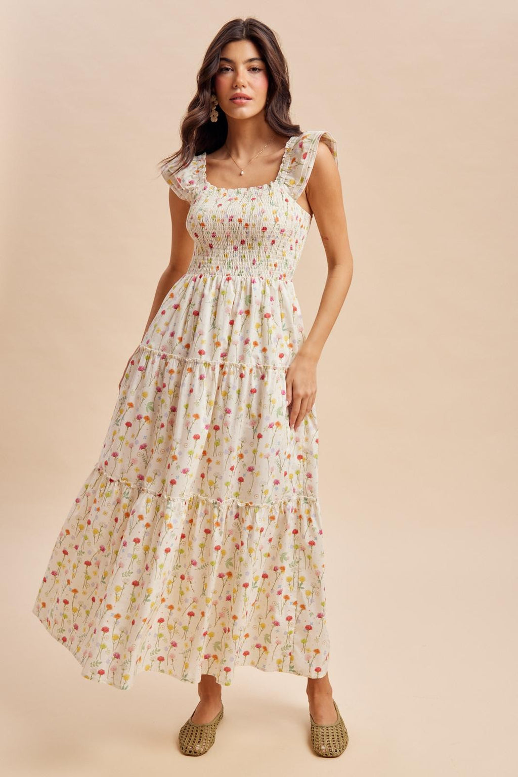 Cream Floral Smocked Maxi Dress