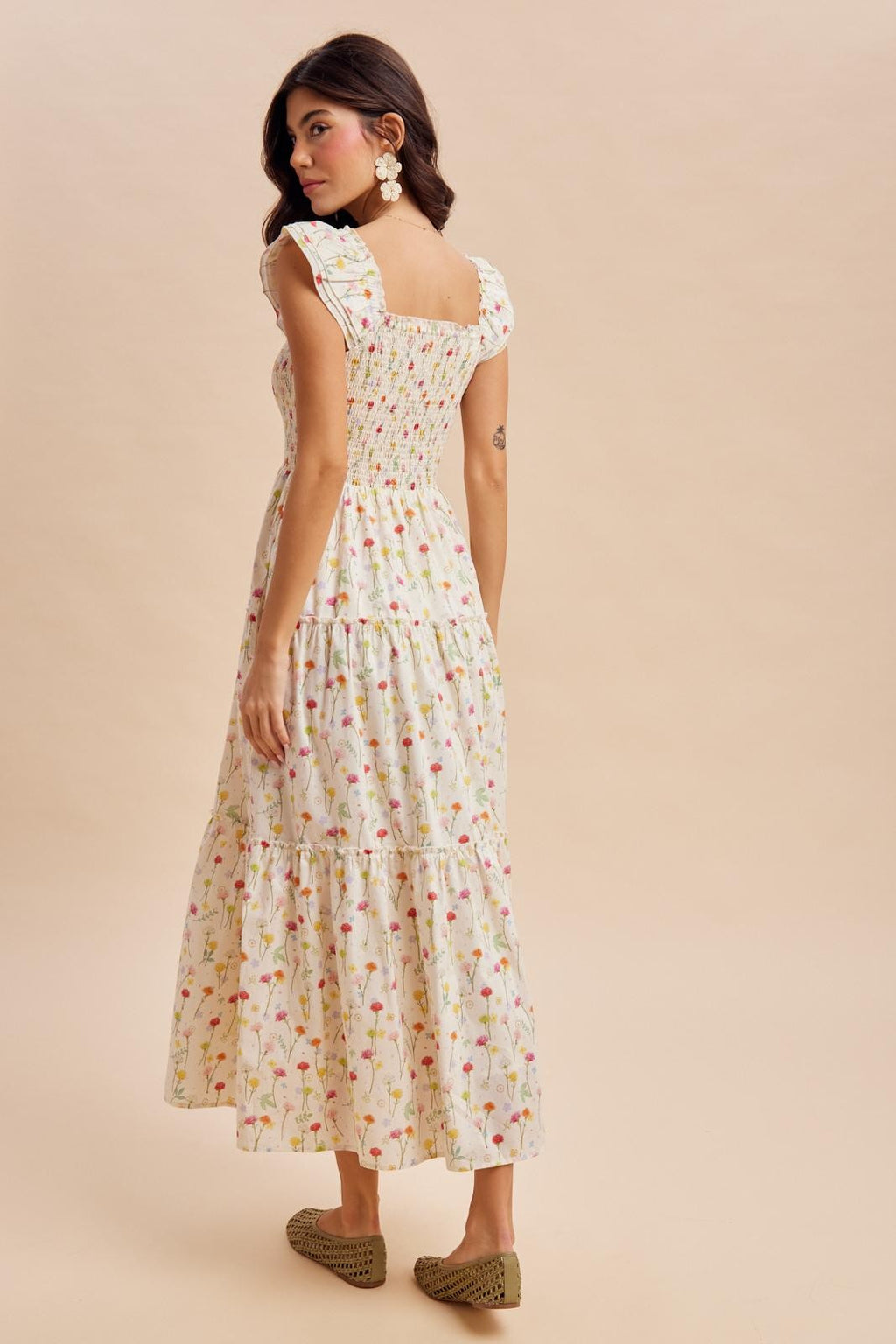 Cream Floral Smocked Maxi Dress