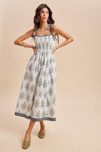 Off White Floral Smocked Shoulder Tie Maxi Dress