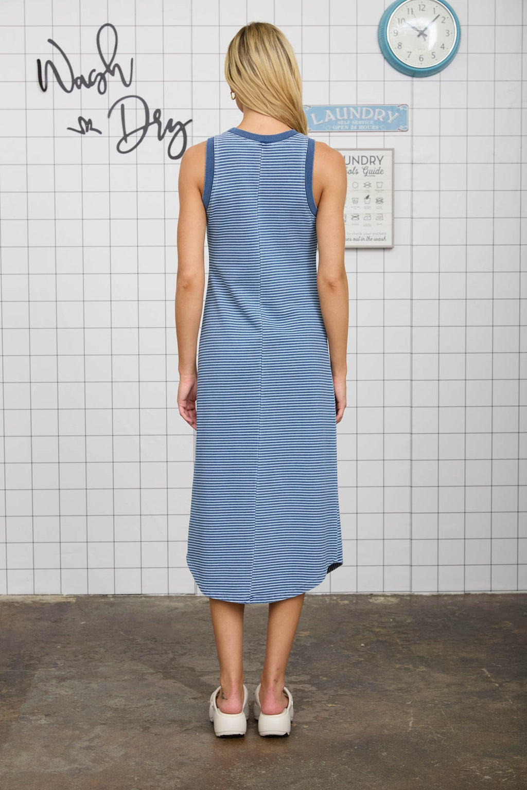 Blue Striped Sleeveless Midi Tank Dress