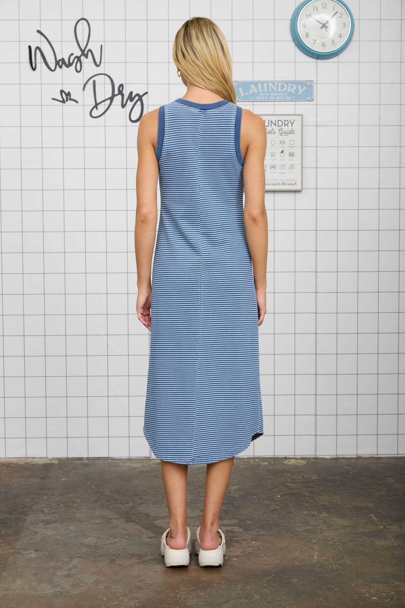 Blue Striped Sleeveless Midi Tank Dress