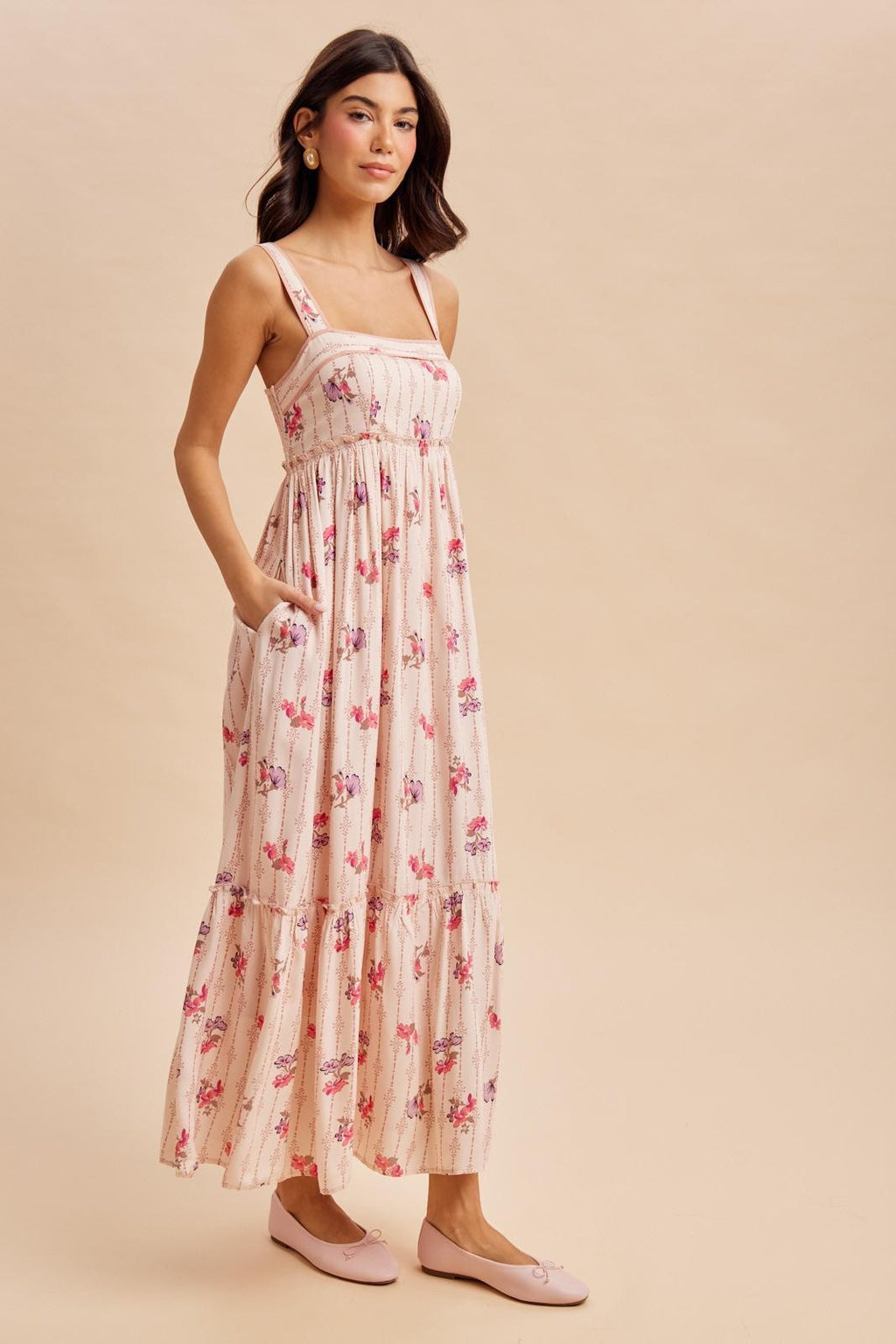 Peach Multi Floral Sleeveless Maxi Dress