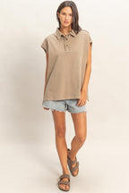 Mocha Pigment Dye Sleeveless Polo Oversized Top