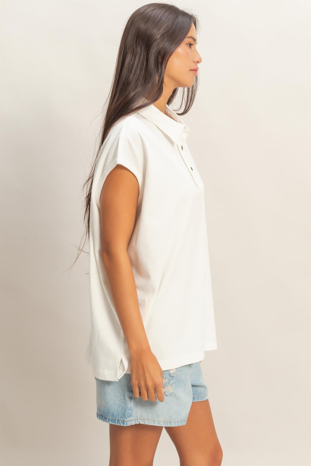 Ivory Pigment Dye Sleeveless Polo Oversized Top