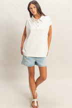 Ivory Pigment Dye Sleeveless Polo Oversized Top
