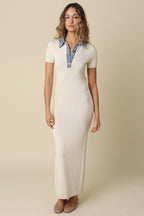 Natural Knit Denim Contrast Collar Maxi Dress