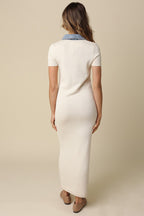 Natural Knit Denim Contrast Collar Maxi Dress