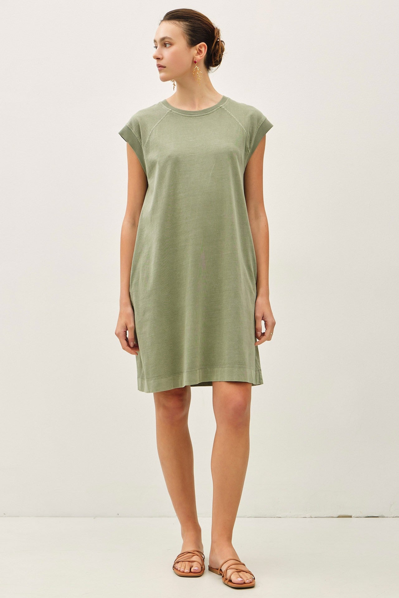 Olive Garment Washed Casual Capped Sleeve Dress