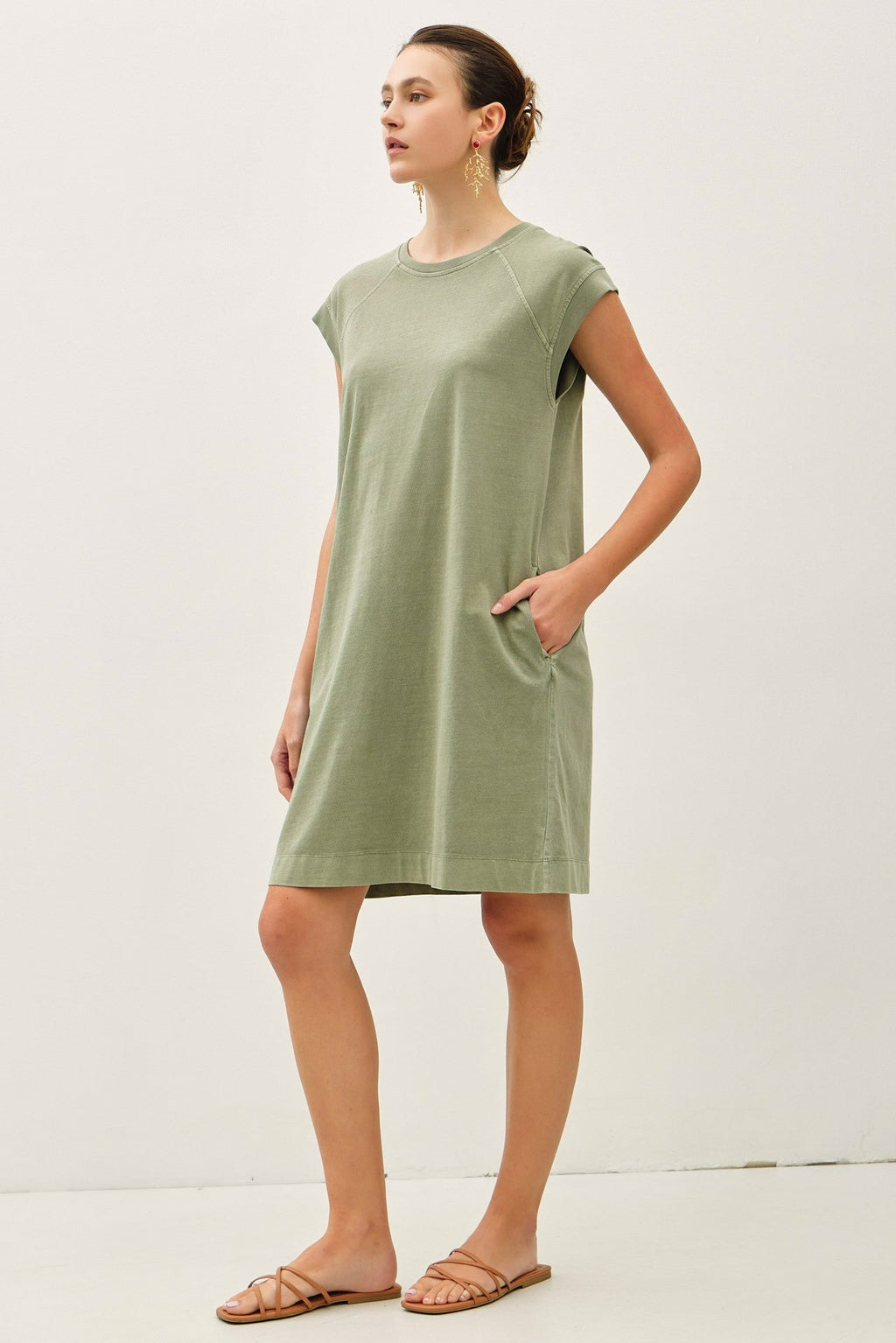 Olive Garment Washed Casual Capped Sleeve Dress