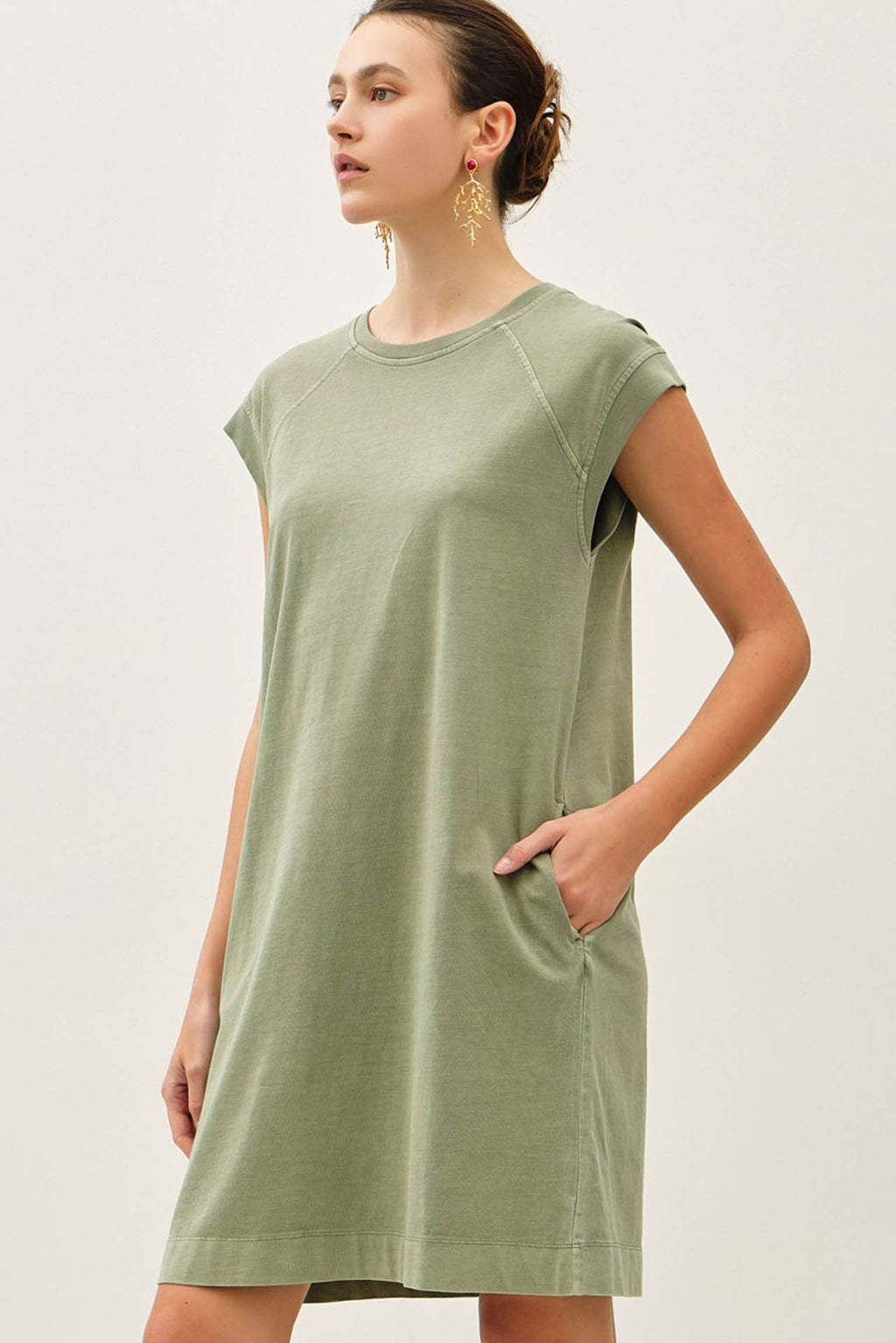 Olive Garment Washed Casual Capped Sleeve Dress