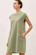 Olive Garment Washed Casual Capped Sleeve Dress
