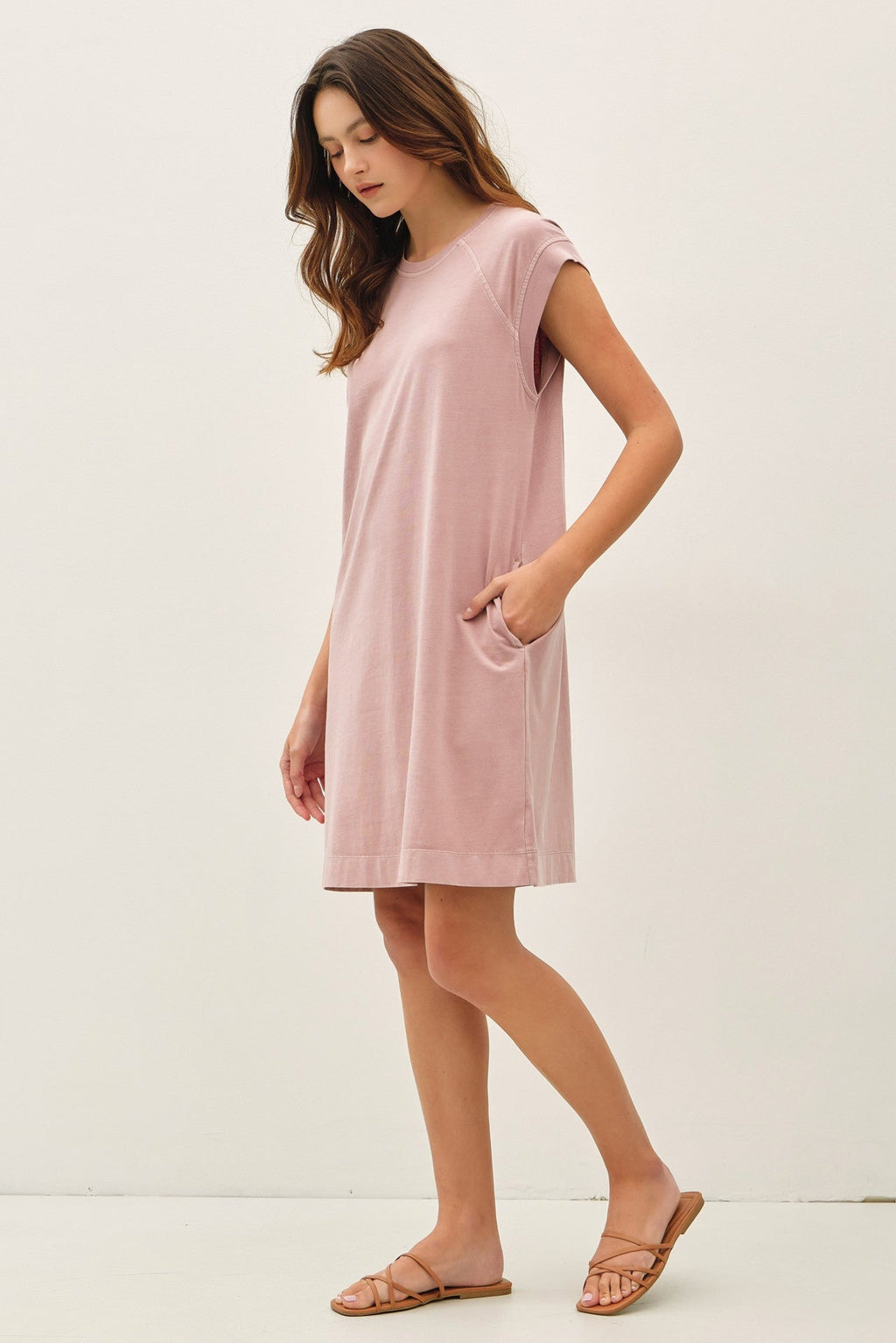 Pink Garment Washed Casual Capped Sleeve Dress