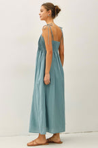 Teal Cotton Pintuck Tie Strap Maxi Dress
