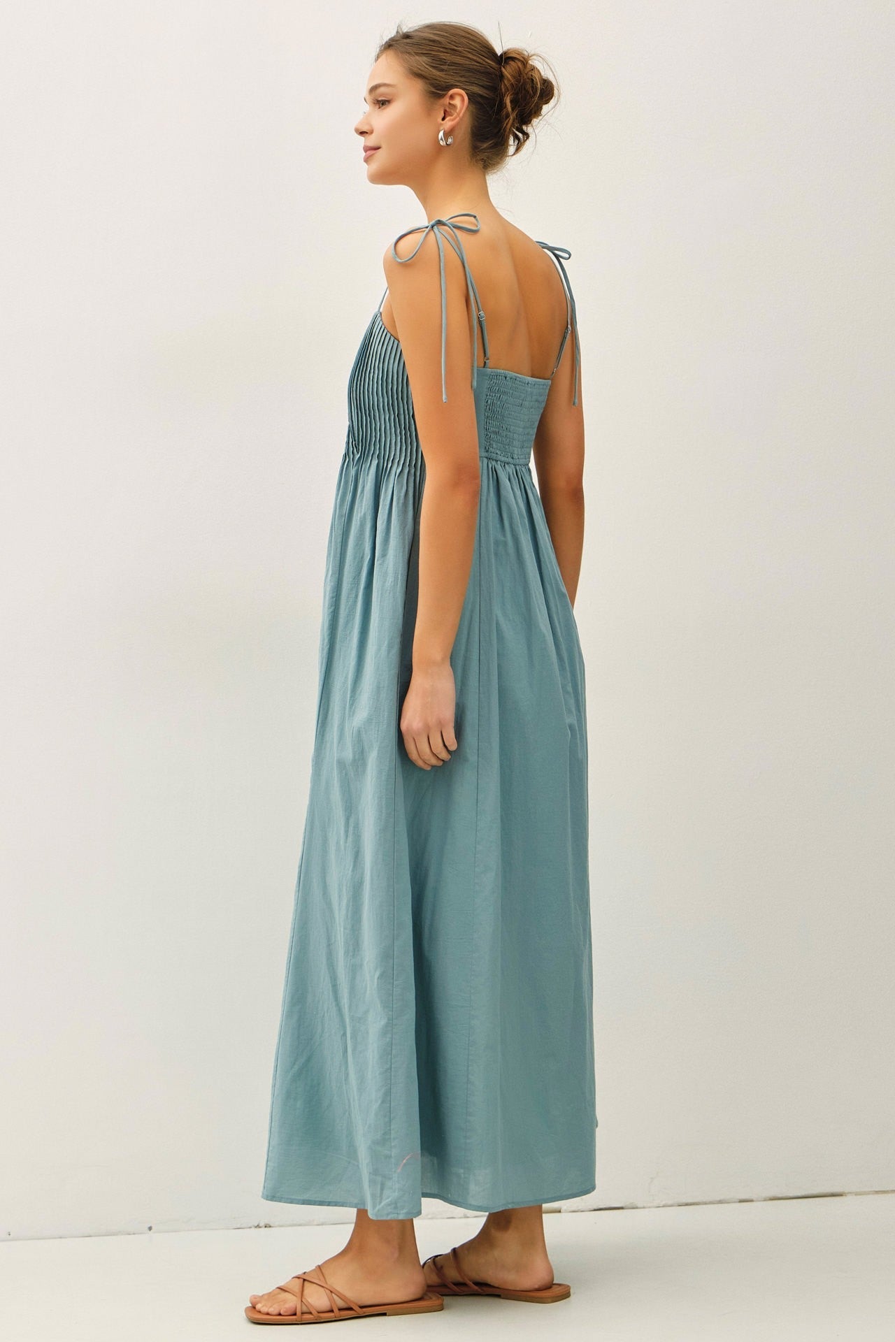 Teal Cotton Pintuck Tie Strap Maxi Dress