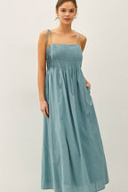 Teal Cotton Pintuck Tie Strap Maxi Dress