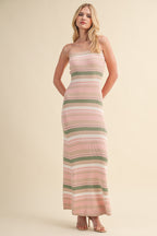 Pink Multi Striped Strapless Flare Maxi Dress