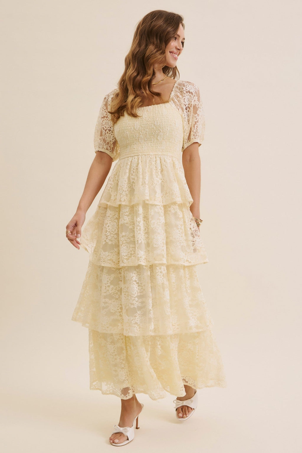 Butter Cream Lace Tiered Smocked Midi Dress