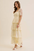 Butter Cream Lace Tiered Smocked Midi Dress