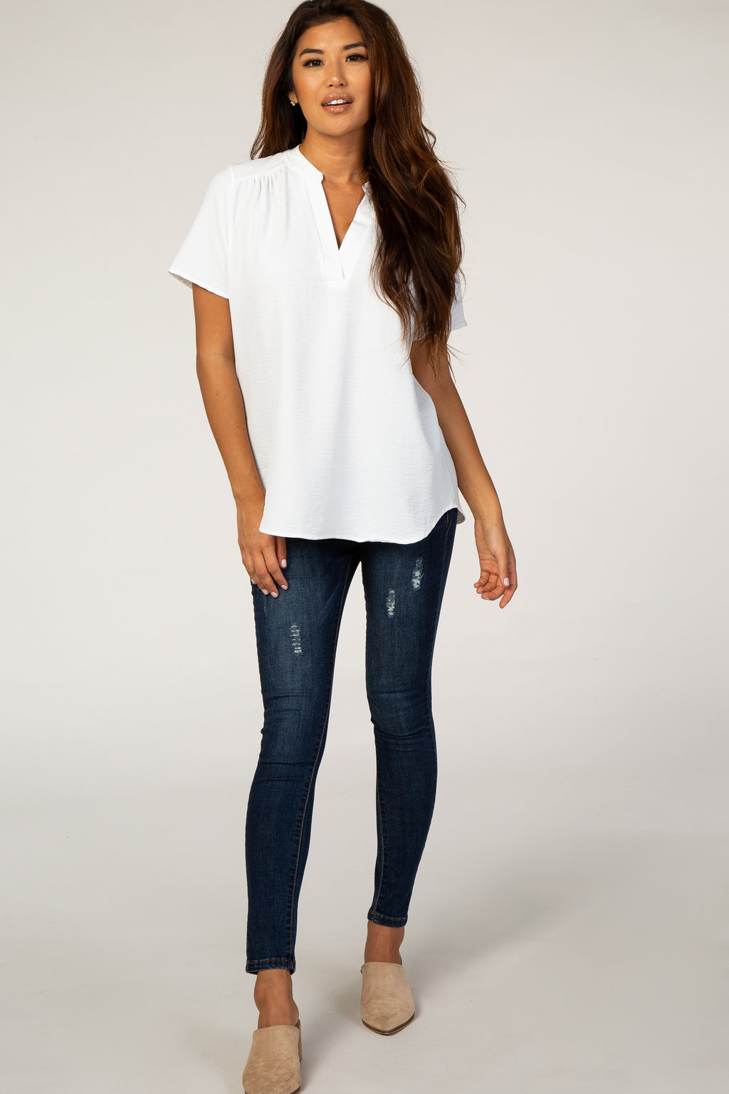 White Short Sleeve V-Neck Blouse
