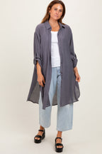 Charcoal Button Front Side Slit Oversized Blouse