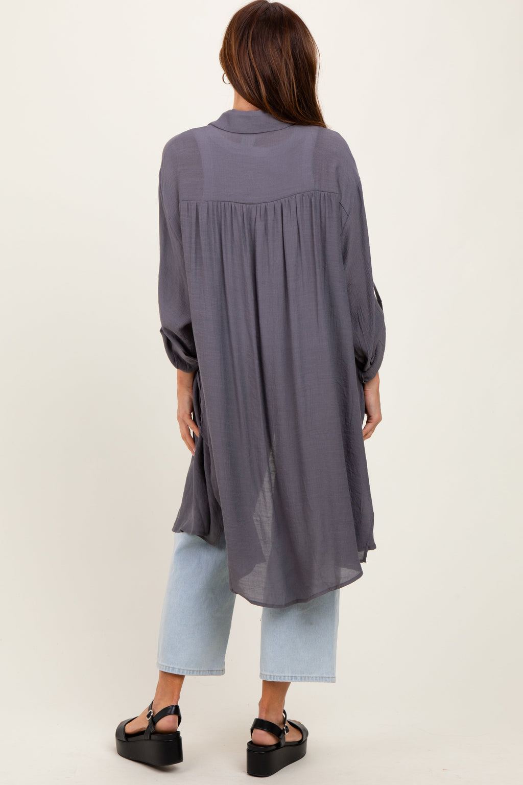 Charcoal Button Front Side Slit Oversized Blouse