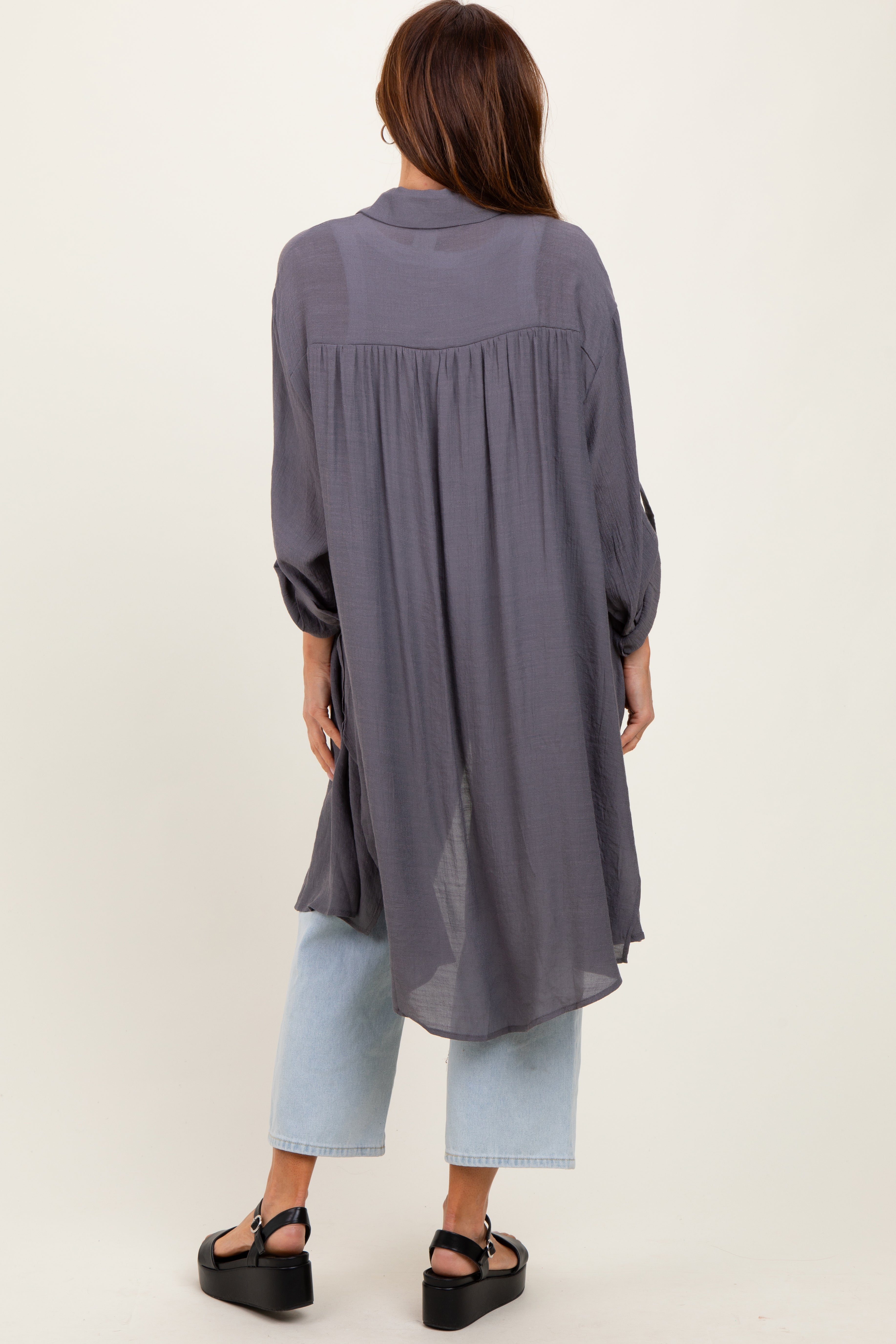 Charcoal Button Front Side Slit Oversized Blouse