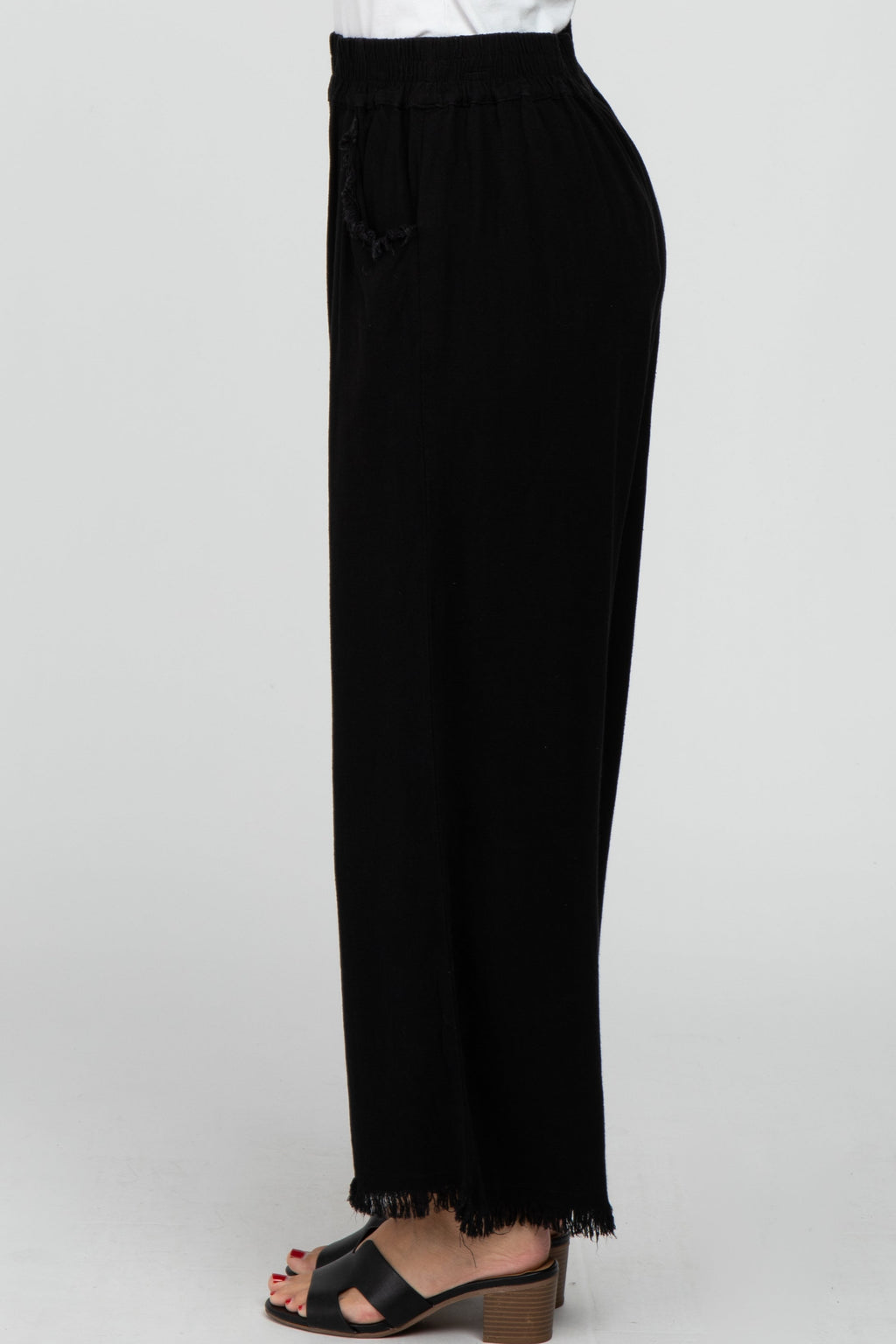 Black Linen Frayed Hem Crop Pants