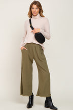 Olive Linen Frayed Hem Crop Pants