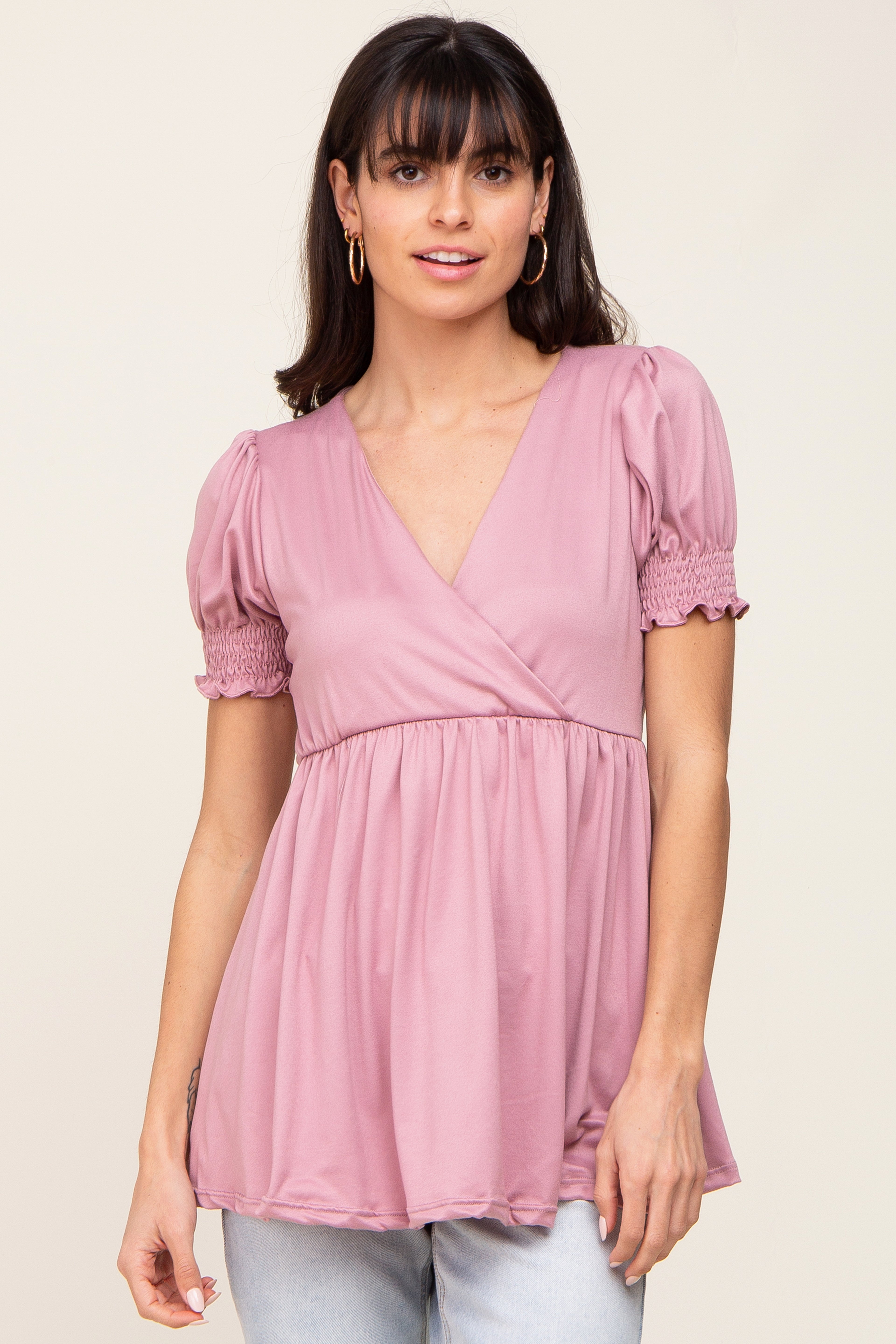 Mauve Puff Sleeve Crossover Nursing Top