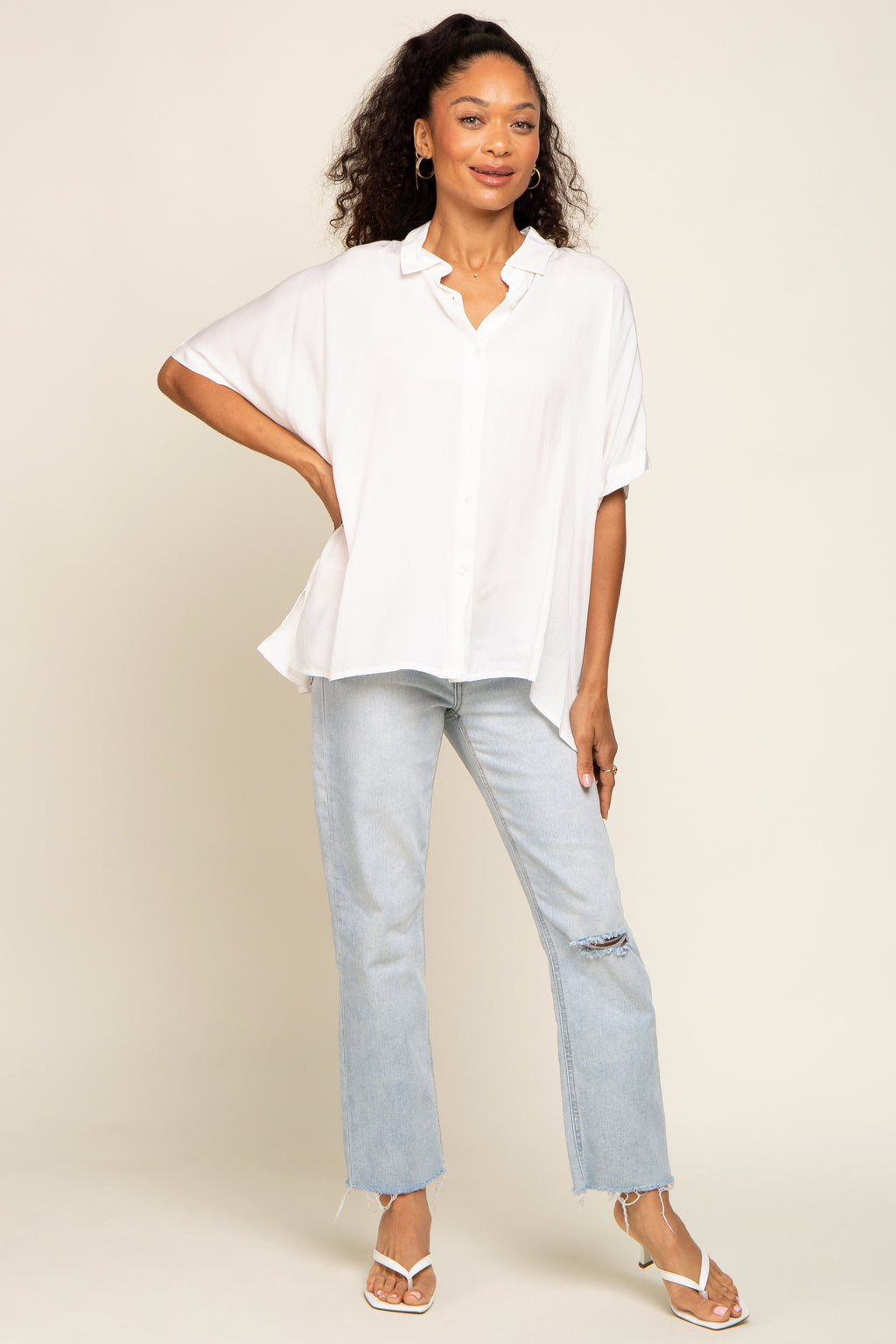 White Button Up Dolman Short Sleeve Top