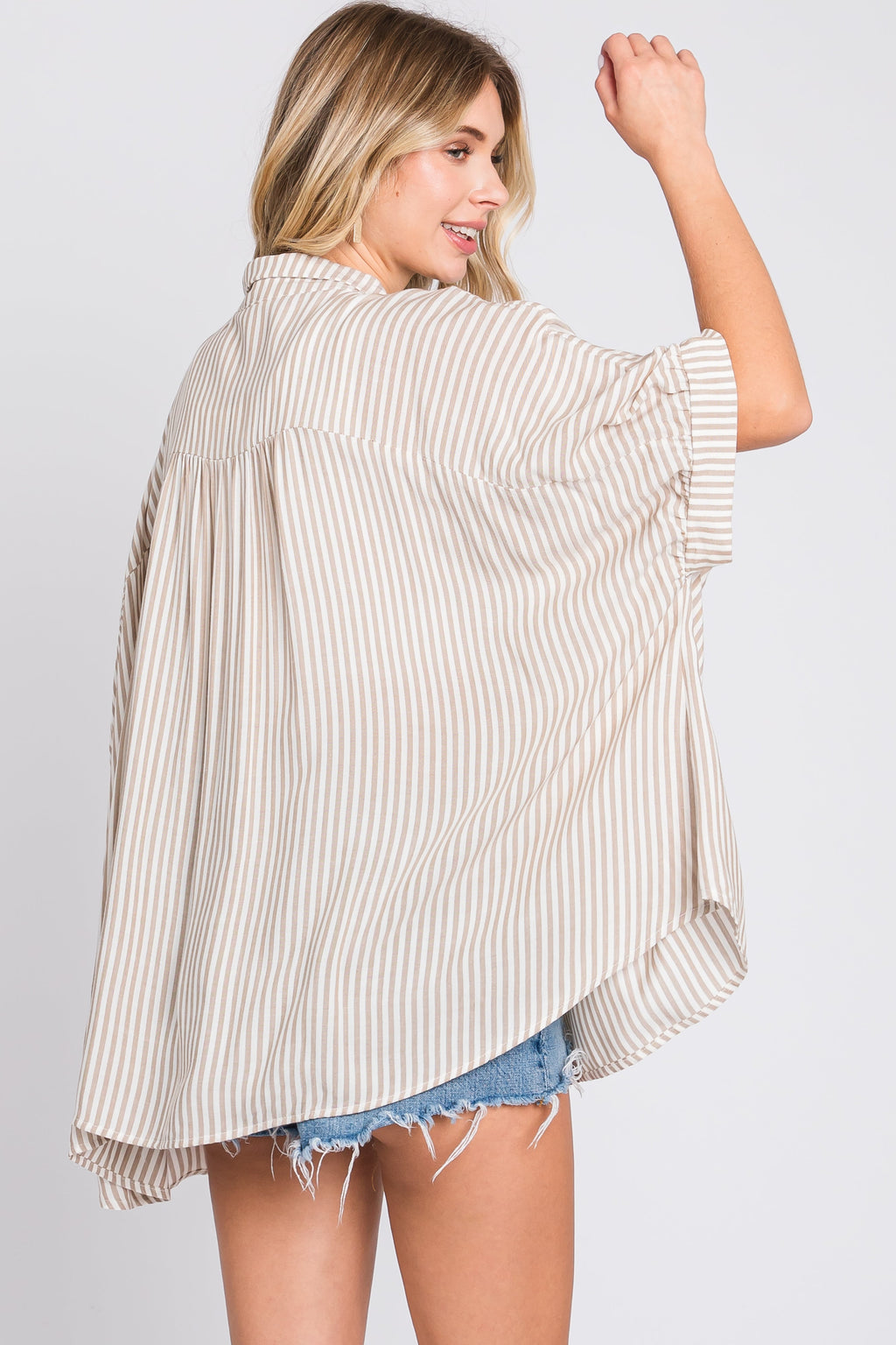 Taupe Striped Button Up Dolman Top