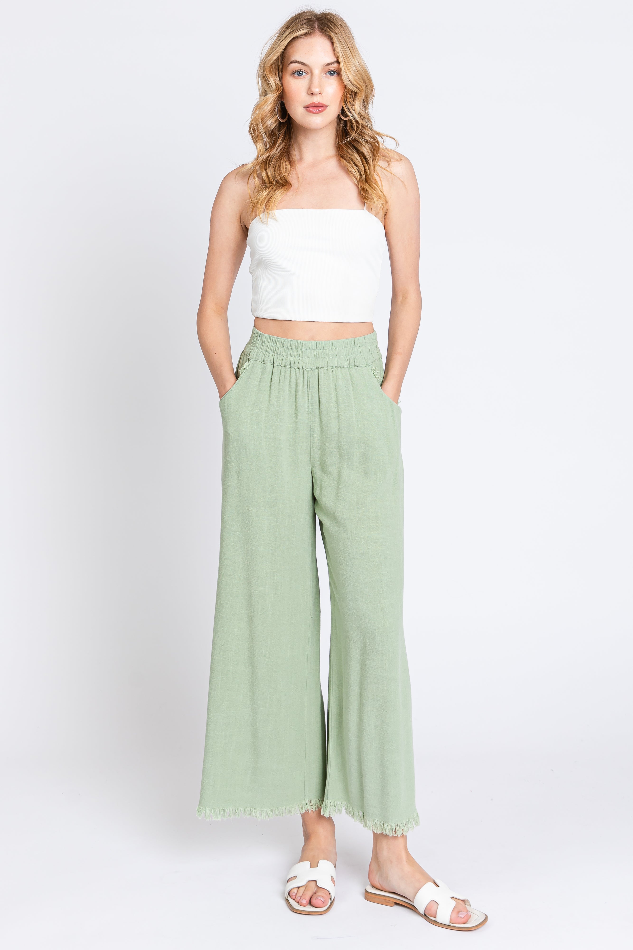 Sage Linen Frayed Hem Crop Pants