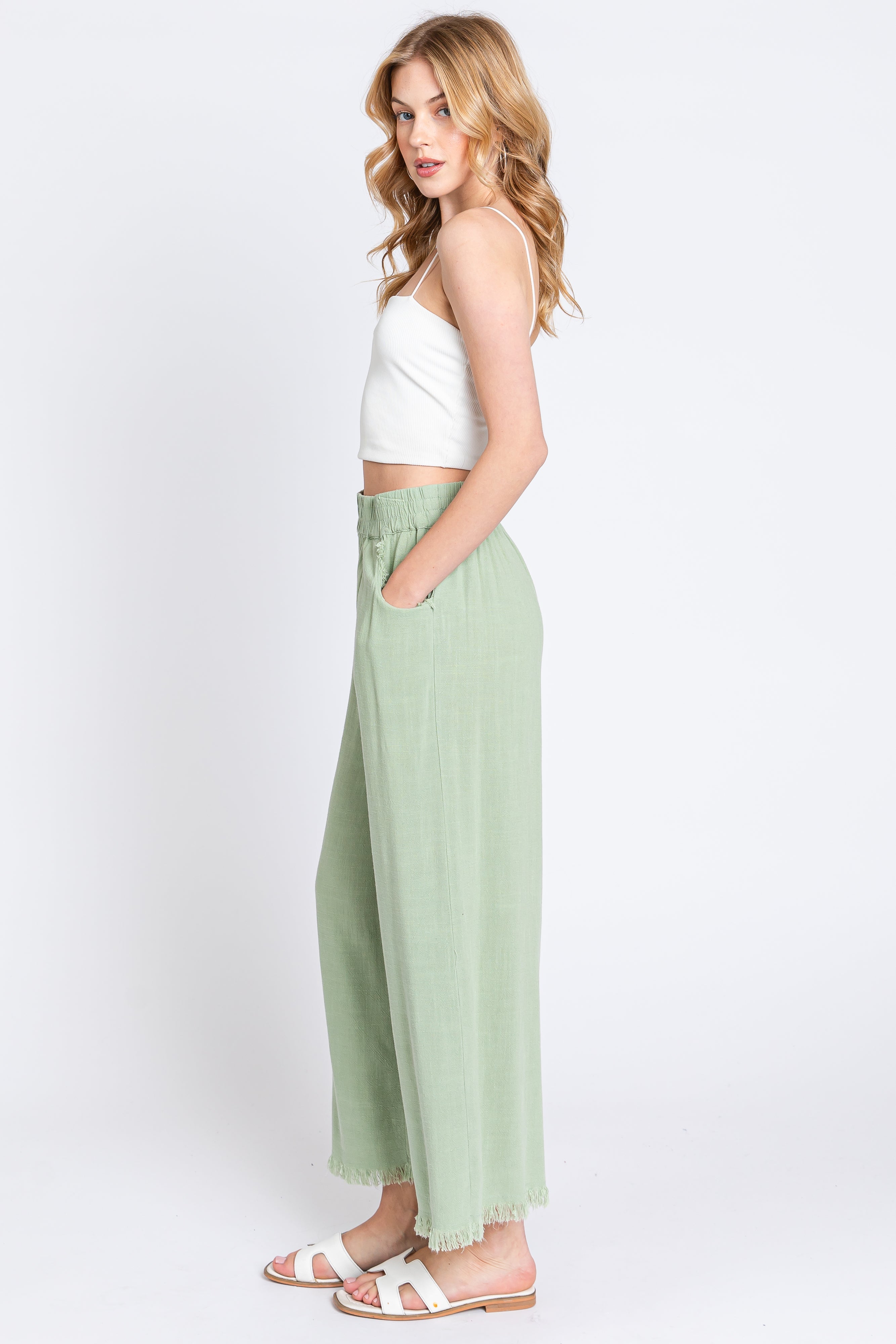 Sage Linen Frayed Hem Crop Pants