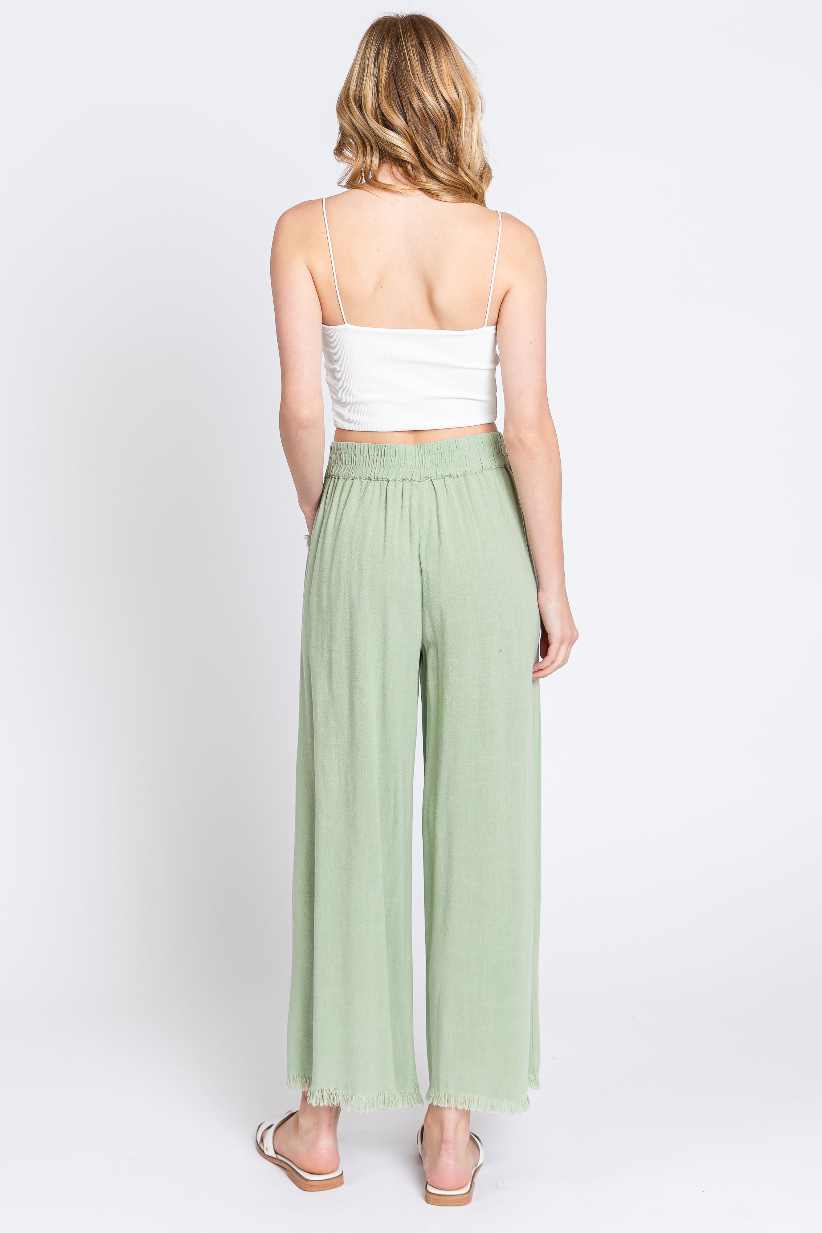 Sage Linen Frayed Hem Crop Pants