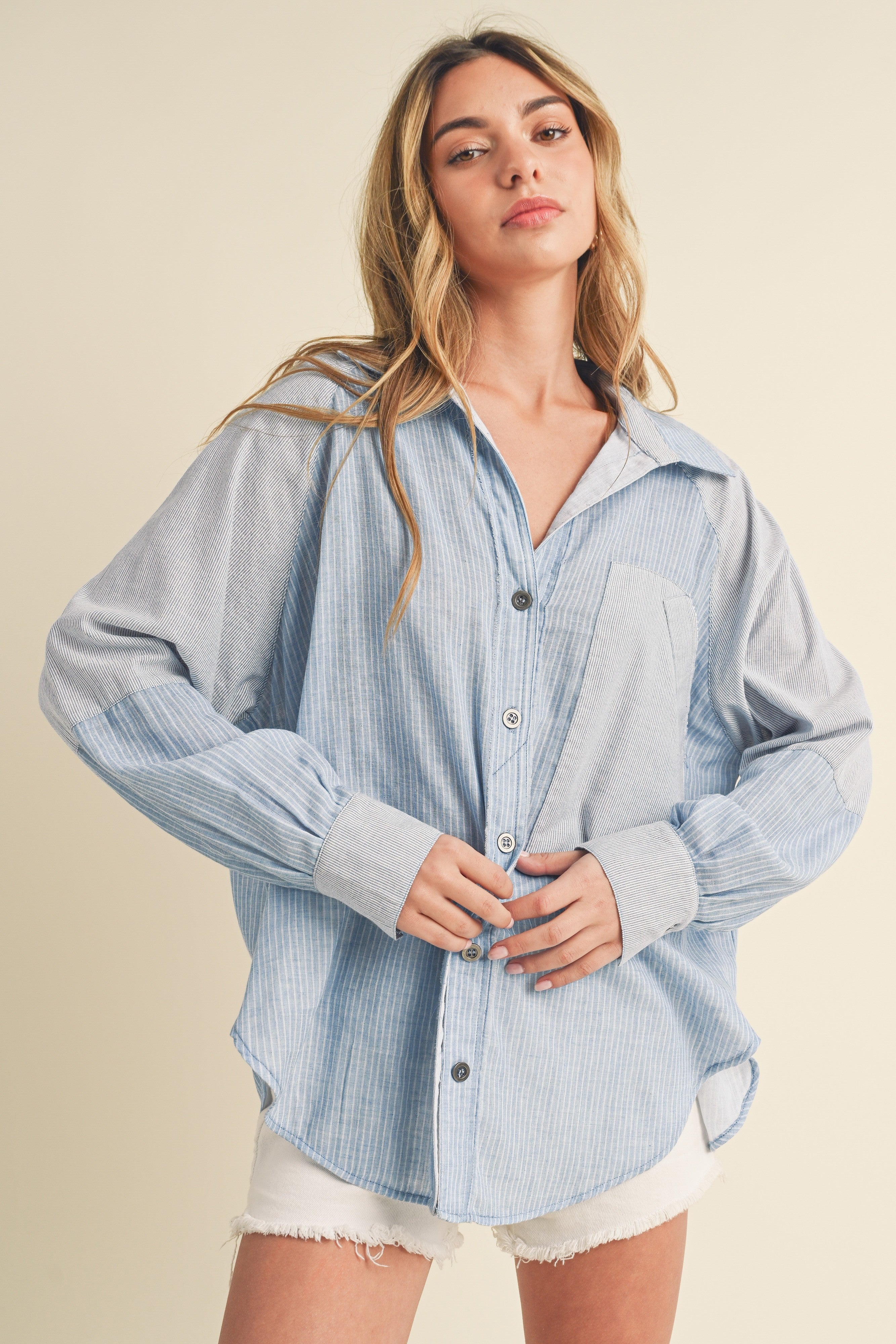 Light Blue Striped Colorblock Button Up Top