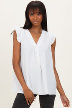 White Swiss Dot Flutter Sleeve V-Neck Top